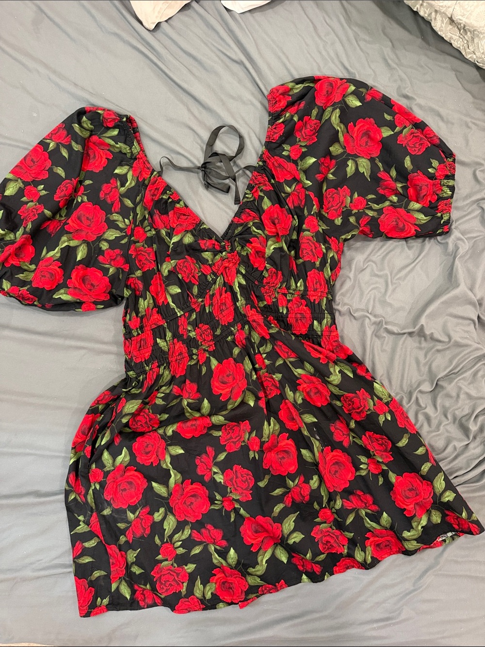 Old Navy Black Mini Dress with Red Rose Print